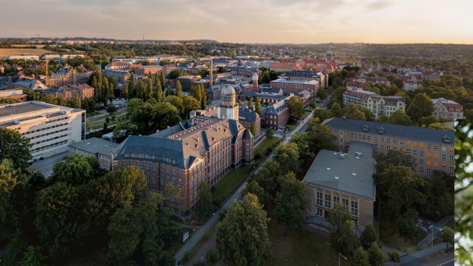 Aerial view of the university grounds of the TU Dresden, bottom right a portrait of a man with short hair