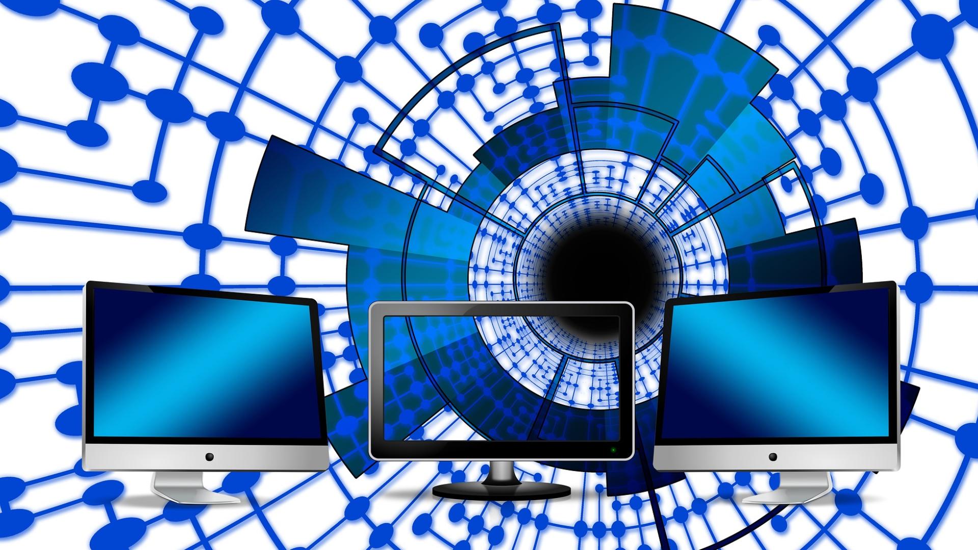 A graphic with 3 monitors