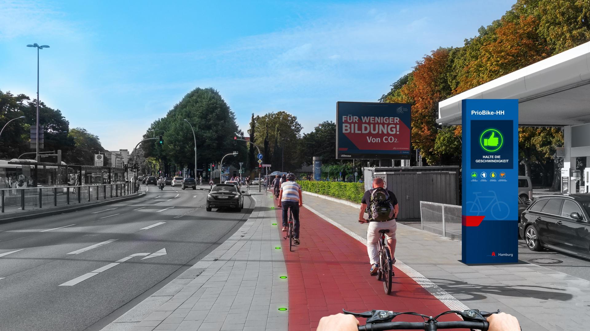 Virtuelle Welt aus Sicht eines Fahrradfahrers. Rechts ist eine PrioBike-Säule zu sehen.