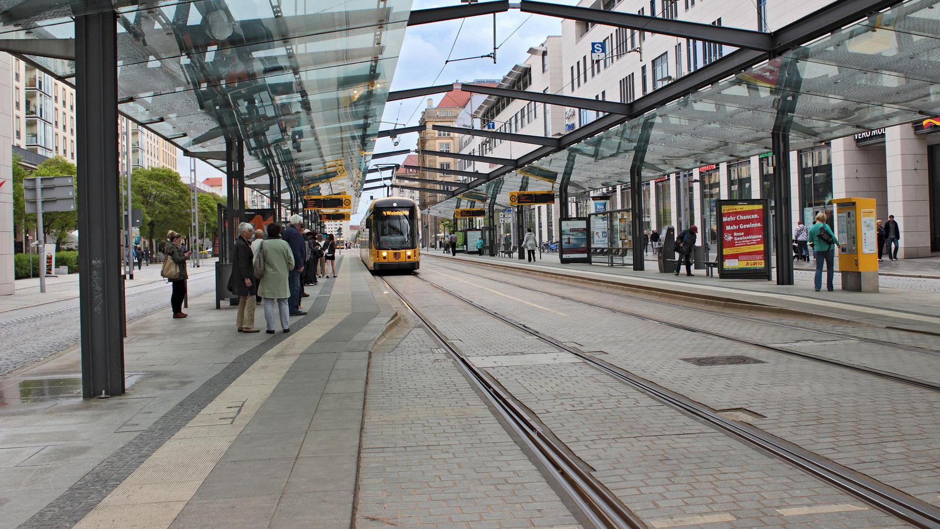 Eine Straßenbahn an einer Dresdner Haltestelle
