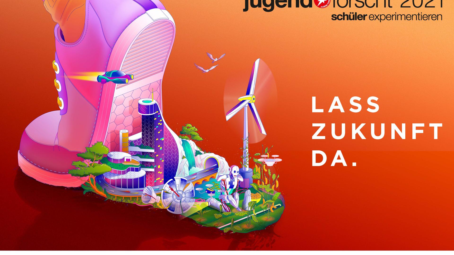 Plakatmotiv zum Slogan Lass Zukunft da. Ein Fuss hebt sich und darunter erscheinen moderne Dinge.
