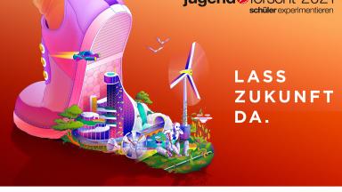 Plakatmotiv zum Slogan Lass Zukunft da. Ein Fuss hebt sich und darunter erscheinen moderne Dinge.