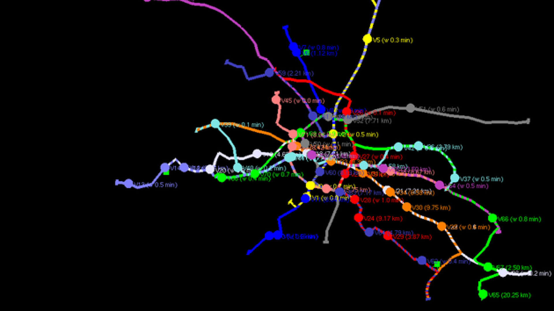 A colourful track network on a black background
