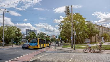 Road crossing with bus stop and cyclists